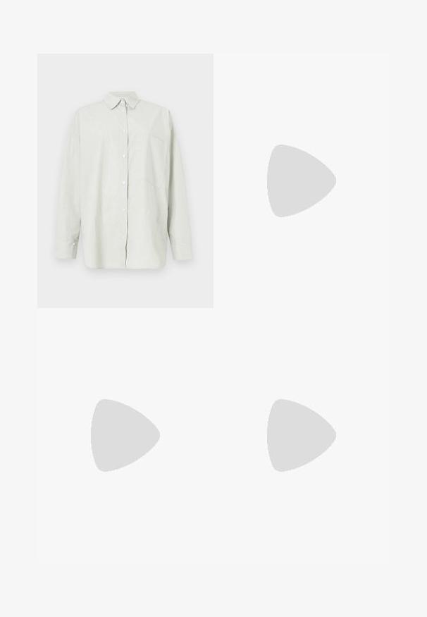 Light green, long-sleeve button-up shirt with a subtle stripe pattern, front pocket, and a structured collar. Classic fit and smooth texture.; Black wide-leg trousers with a high waist, pleated front, and tapered ankles. Made from smooth fabric with a matte finish.; Black leather sandal with a square toe, thin straps, adjustable ankle strap, and a low heel. Features a small gold accent on the strap.; Tory Burch Sunglasses - black/dark grey