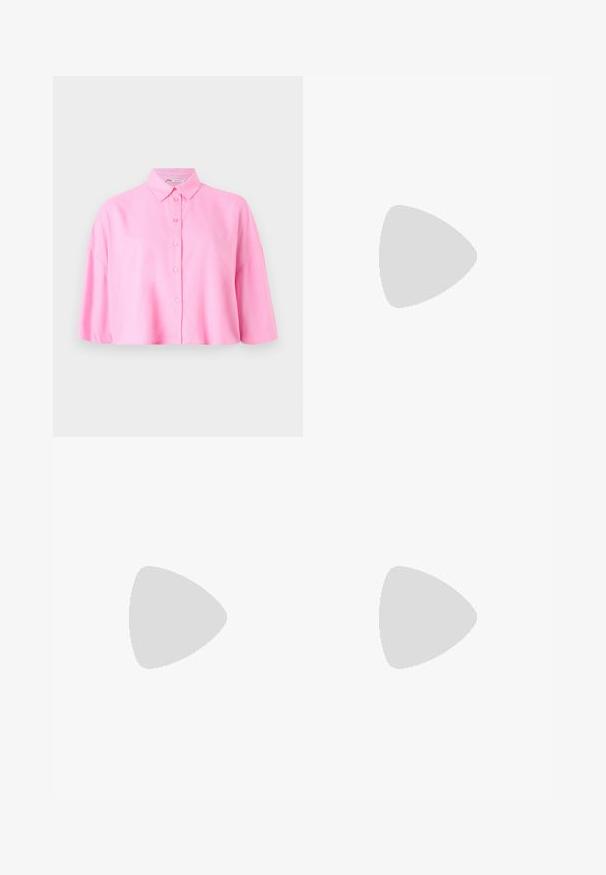 Pink short-sleeve button-up shirt with a pointed collar and a relaxed fit. Made of lightweight fabric with a smooth texture.; Short-sleeve t-shirt in muted brown, made of smooth cotton with a classic round neckline and minimal stitching details.; Light blue denim shorts with a loose fit, mid-rise waist, and visible stitching. Features side and back pockets, and a button closure.; White leather sneaker with perforated toe box, textured sole, and white laces, paired with wide red pants and a blue and yellow background.