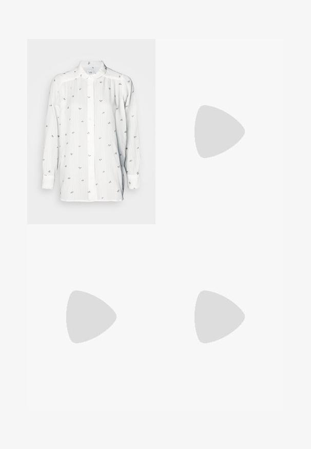 White long-sleeve shirt with vertical stripes and small floral embroidery. Features a button-down collar and regular fit. Soft fabric texture.; Black, lightweight pants with an elastic waistband and gathered ankles. The fabric is smooth and features a relaxed, tapered design.; Black leather platform shoes with a chunky block heel, round toe, and traditional lace-up design. Features smooth texture and minimal detailing.; Black leather tote bag with smooth texture, rectangular shape, and two long handles. No visible hardware or embellishments.