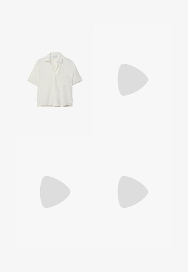 Biela košeľa s krátkym rukávom vyrobená z mäkkého materiálu, s golierom, zapínaním na gombíky a jedným vreckom na hrudi. Hladká textura, uvoľnený strih.; Čierne rozšírené nohavice s vysokým pásom; majú dve bočné vrecká a hladkú textúru látky. Vhodné na rôzne príležitosti.; Čierne lakované kožené sandálové podpätky s špicatou špičkou a geometrickým blokovým podpätkom. Disponujú elegantným, minimalistickým dizajnom a hladkým povrchom.; Čierna kožená hobo taška so hladkou textúrou, zakriveným tvarom a jedným nastaviteľným popruhom; má široké otvorenie na vrchu.