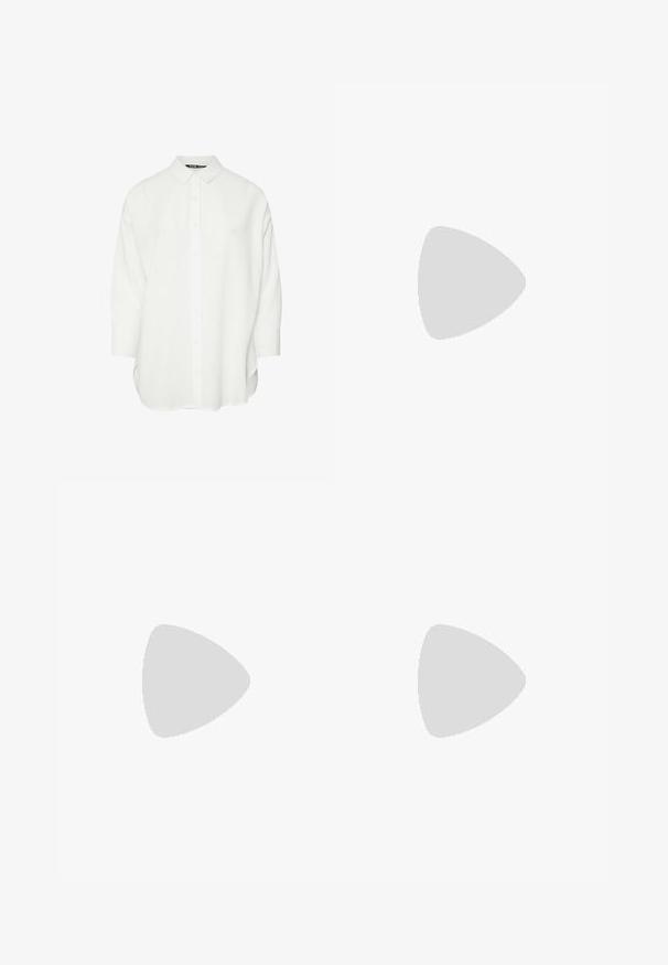 Camicia bianca con collo classico e maniche a tre quarti. Realizzata in tessuto liscio, presenta un taglio dritto e fessure laterali.; Pantaloni a gamba larga marroni realizzati in un tessuto liscio, con vita alta, pieghe frontali e due tasche laterali.; Stivale alla caviglia bordeaux lucido con un tacco spesso nero, caratterizzato da una superficie liscia e un design semplice. Nessuna chiusura visibile o motivo.; Borsa a tracolla in pelle marrone con forma curvata, hardware dorato e un dettaglio con fibbia. Presenta una tracolla rimovibile.
