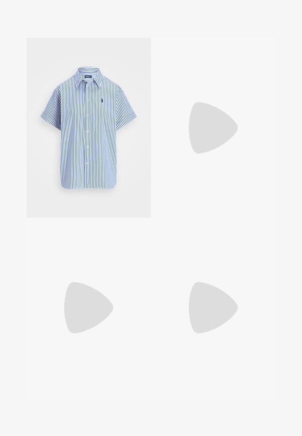 Short-sleeve button-up shirt in blue and white vertical stripes, featuring a classic collar and embroidered logo on the chest.; Black and white sports bralette with adjustable straps, a fitted design, and a crisscross back detail. Made of stretchy, textured material.; High-waisted denim shorts in light blue, featuring a rolled hem, five-pocket design, and metal button closure with contrasting stitching.; Black leather sandals featuring two adjustable straps with metallic buckles, a textured sole, and distinctive yellow stitching along the edge.; Black sunglasses with a narrow, cat-eye shape. Made of smooth plastic, featuring dark lenses and subtle logo accents on the temples.; Black shoulder bag with a rounded silhouette. Made of textured fabric, featuring a zip closure and a woven strap. Simple, minimal design.