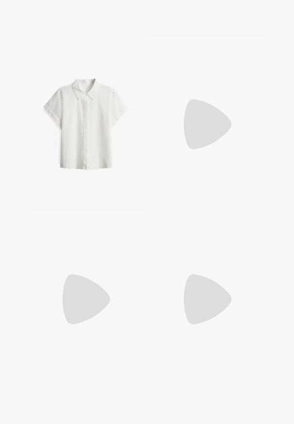 Blusa bianca a maniche corte con colletto, caratterizzata da un tessuto testurizzato e sottili motivi ricamati in tutto il capo.; Pantaloni a gamba larga di un leggero colore crema. Realizzati in un tessuto morbido con pieghe sul davanti e tasche laterali.; Ballerine beige con cinturino, dalla punta appuntita, realizzate in tessuto testurizzato, dotate di una suola bassa e flessibile e un design con tallone aperto.; Occhiali da sole tartarugati con lenti rettangolari marroni. Aste sottili con una finitura lucida. L'interno mostra un motivo a contrasto.; Borsa a tracolla in pelle marrone con forma curvata, hardware dorato e un dettaglio con fibbia. Presenta una tracolla rimovibile.