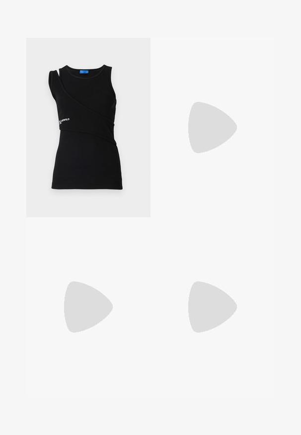 Mustan ribbed-paitatoppi, jossa on epäsymmetrinen malli yhdellä olkaimella ja logotunnus helman lähellä. Pehmeä ja joustava materiaali.; Valkoinen pitkä hame, joka on valmistettu kevyestä kankaasta, jossa on napitettava etuosa, leveä helma ja muotoiltu kaulus. Tasainen pinta ilman näkyvää kuviointia.; Mustan patenttivahan täysikorkea korkokenkä, jossa on terävä kärki, kolme koristeellista nauhaa niiteillä ja "Karl Lagerfeld" -brändäys kannassa.; Mustikkamustavalkoinen raita käsilaukku, jossa on jämäkkä muoto, ylhäällä oleva kahva, irrotettava ketjuhihna ja metallinen logoelementti.