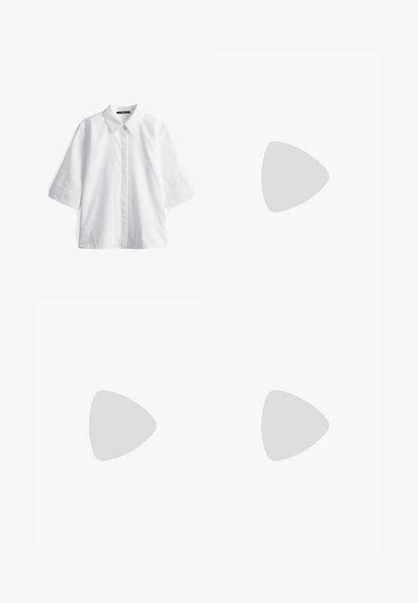 Camicetta bianca a maniche corte con colletto a punte, realizzata in cotone liscio. Presenta una chiusura con bottoni e una vestibilità rilassata.; Pantaloni a gamba larga in tessuto nero con vita alta, caratterizzati da una finitura pulita e una texture liscia. Nessun hardware visibile o motivi.; HUGO KIORA - Decolleté - black; Borsa a mano in pelle nera con forma triangolare, una tracolla sottile e accessori in argento. Presenta una chiusura con zip e un logo impresso sul davanti.
