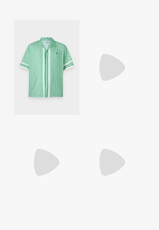 Short-sleeve green shirt with geometric pattern, vertical stripes, and a small Lacoste logo. Made from lightweight fabric with a button front.; White cotton t-shirt featuring a crew neck and short sleeves, with a black "Porsche BOSS" logo on the front left chest area.; Dark navy chinos made from cotton blend fabric. Features belt loops, front pockets, and a zipper fly with button closure.; White leather sneaker with a rounded toe, minimalist design, grey laces, and a textured grey rubber sole. Subtle stitching details visible.