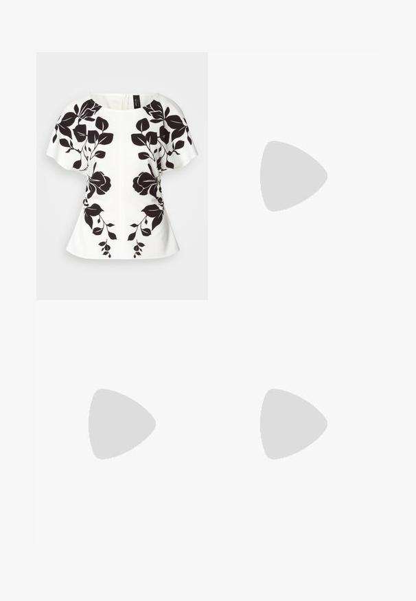 Top bianco con design floreale nero, maniche corte e scollatura a girocollo. Forma strutturata con orlo in stile peplum. Chiusura posteriore con cerniera.; Pantaloni neri su misura con un design a gamba dritta, dotati di tasche frontali e un tessuto liscio e strutturato. Dettagli ordinati e minimalisti.; Sandali con tacco alto in pelle nera, con tacco sottile e curvo e design a fascia incrociata. Cinghia alla caviglia regolabile. Texture liscia.; Borsa a mano in pelle nera con un design strutturato, caratterizzata da una forma corta, manico superiore e accessori in metallo dorato. Inclusa tracolla regolabile.