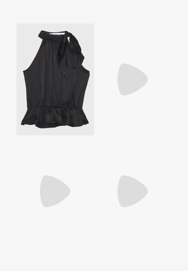 DESIGNERS REMIX LUCILLE BOW - Top - black; Navy tailored trousers with a straight cut, featuring a smooth texture, two front pockets, and a clean waistband.; NEOUS IRENA - Classic heels - black; Black leather tote bag with a glossy finish, curved top, two shoulder straps, and a gold-tone hardware accent on the front.