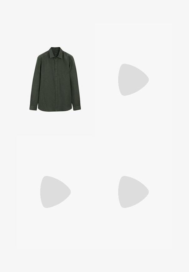 Dark green button-up shirt made of textured fabric; features a spread collar, long sleeves, and a rounded hem with hidden buttons.; Linen trousers in light beige, featuring an elastic waistband with a drawstring, wide-leg design, and side pockets. Smooth texture.; Sport shoes with a white leather upper, gray suede toe, and three black stripes. Features a blue logo on the tongue and a textured rubber sole.; Black plastic sunglasses with green lenses, square frames, silver accent on the brow, and textured temple arms. Stated brand on inner arm.