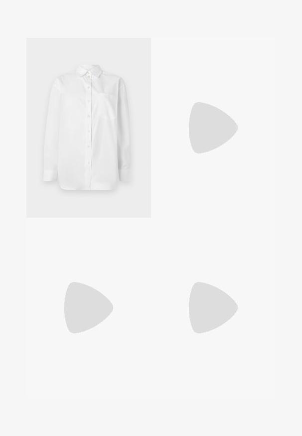 Hosszú ujjú fehér ing, gombos elülső résszel és egyetlen mellzsebbel, sima fehér háttér előtt.; Világosszürke, bőszárú nadrág, puha, bordás anyagból készült, magas derékpánttal és teljes hosszúságú lábakkal, finom textúrával.; Fényes bordó bokacsizma vastag fekete sarokkal, sima felülettel és egyszerű dizájnnal. Nincsenek látható zárak vagy minták.; Barna bőr vászontáska sima textúrával, nyitott tetejű dizájnnal és két vállpánttal. Minimális varrással és látható hardver nélkül készült.