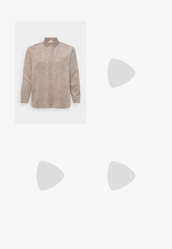 Beige corduroy shirt with a button-down collar, two chest pockets, and long sleeves. Features vertical ridges and subtle sheen.; Vero Moda Curve VMCBECKY PULL ON - Trousers - black; Beige flat sandal with multiple slender straps and an adjustable buckle. The sole is flat with a slight dark contrast at the edge.; White leather handbag with a structured design, featuring a magnetic clasp and a shoulder strap, showcased against a neutral background.