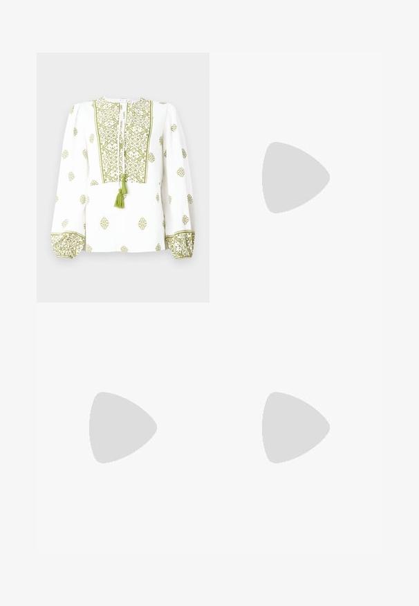 White blouse featuring green floral embroidery, a keyhole neckline with tassel, and gathered long sleeves with matching cuffs.; Black wide-leg trousers with high waist, button details on waistband, and front pleats.; Black leather pump with a pointed toe and a low block heel. Features an ankle strap with a gold-tone buckle. Smooth texture.; Black leather tote bag with two long handles, a smooth texture, and a structured shape. Features a front pocket for additional storage.