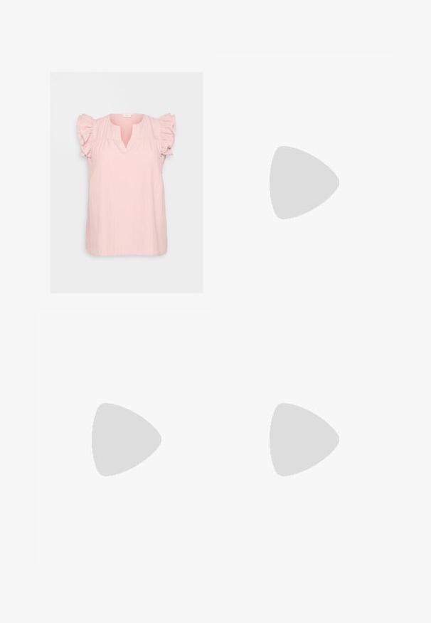 Top de tecido leve rosa com decote em V, frente pregueada e mangas curtas encaracoladas suaves. Ajuste casual e relaxado com uma superfície texturizada.; Calças de ganga azul-claro com um corte relaxado de perna reta, cinco bolsos e uma cintura com passagens para cinto. Acabamento desgastado com desbotamento sutil.; Bailarinas bege com bico pontiagudo, sobreposição em rede e uma alça com fivela lateral. Sola plana com textura suave.; Óculos de sol ovais com uma armação translúcida em amarelo pálido e lentes castanhas. Apresentam uma textura suave e discretos detalhes metálicos nas laterais.; Bolsa plissada amarela feita de couro sintético suave, com uma forma suave, uma única alça de ombro e design de topo franzido.