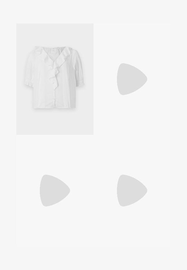 Valge lühikeste varrukatega pluus, millel on volangiga krae, nööpide ette ja vertikaalne triibuline tekstuur ühel küljel. Pehme, kerge kangas.; Heledad sinine kõrge vöökohaga laiad teksad, ees nupp ja tõmblukk, ees ja taga taskud, valge tausta peal.; Tumedat sinised tennised tekstureeritud riidest pealispinnaga, valge platvormi tallaga, ümarate varvaste ja musta kontsapaneeliga. Omab kuut silma paelte jaoks.; Mustmust mustraha kõverate joontega, eemaldatava rihmaga ja kuldsete detailidega. Kotil on klapp, millel on pandladetail.