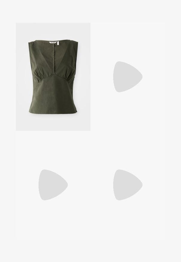 Olive green sleeveless top made of cotton, featuring a V-neckline, gathered detailing at the sides, and a straight hem.; Stradivarius SMART CULOTTES WITH DARTS - Trousers - dark brown; Brown suede heeled sandals with crossed straps and gold-tone buckles. Square toe and a slightly flared block heel with a textured finish.; Brown tortoiseshell glasses with oval lenses, thin arms, and transparent accents. Features a subtle logo on the temple. Sleek, lightweight design.