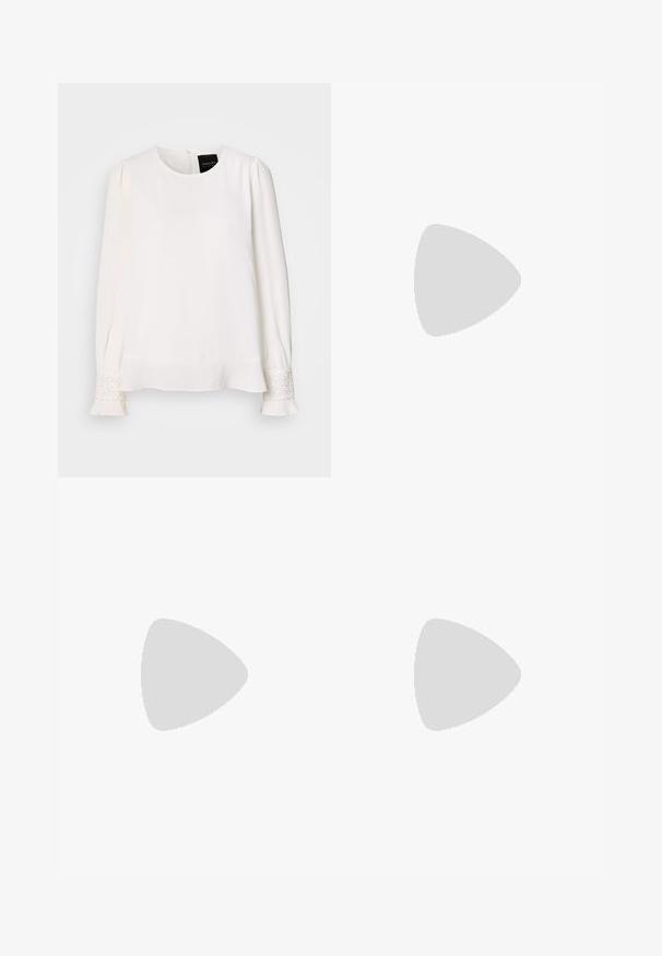 White long-sleeve blouse with round neckline, pleated shoulders, and jeweled accents at the cuffs, featuring a smooth, satin-like texture.; White sleeveless tank top made of ribbed fabric, featuring a round neckline and seamless edges for a smooth fit.; Dark blue denim jeans featuring a straight-leg design, subtle fading, front pockets, and a classic button fastening at the waist.; White low-top sneaker with black heel tab, platform sole, laces, and Calvin Klein "CK" logo on the side.; Black square sunglasses with a matte finish and gray lenses. Features a silver logo on the temple. Sturdy plastic frame design.; Black leather clutch bag with a rectangular shape, smooth texture, a flat flap closure, and a small handle on the side. Features subtle logo.