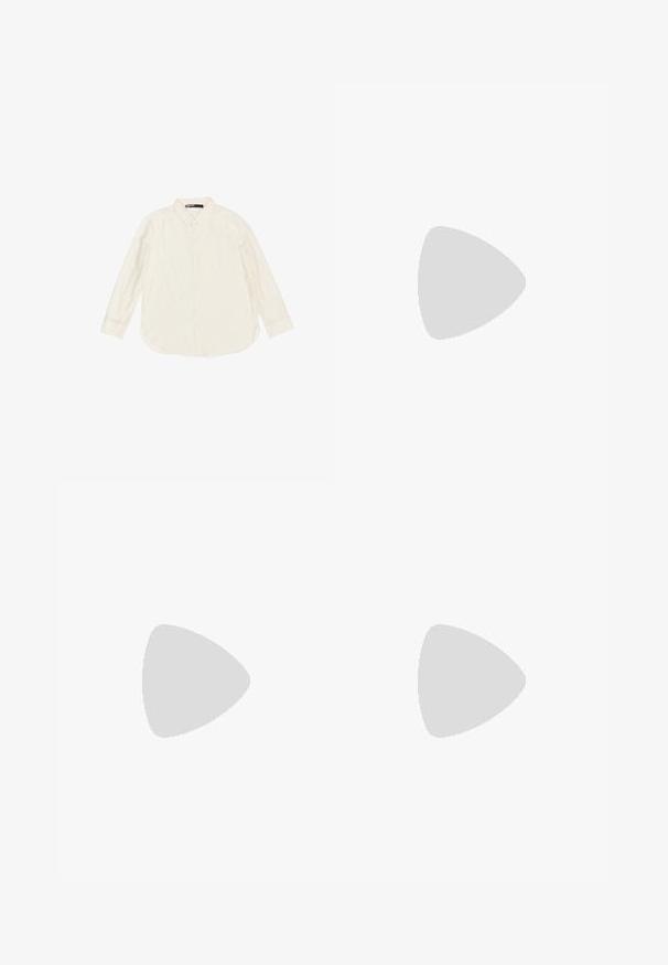 Light beige long-sleeve button-up shirt made from soft material, featuring a classic collar and rounded hemline. Visible buttons down the front.; Wide-leg dark denim trousers with contrast stitching, high waist, and a straight cut. Features front pockets and a classic button closure.; Stradivarius Trainers - white; Red rectangular eyeglasses with a sleek design. Clear lenses, slightly translucent temples, and a gradient effect from red to gray.