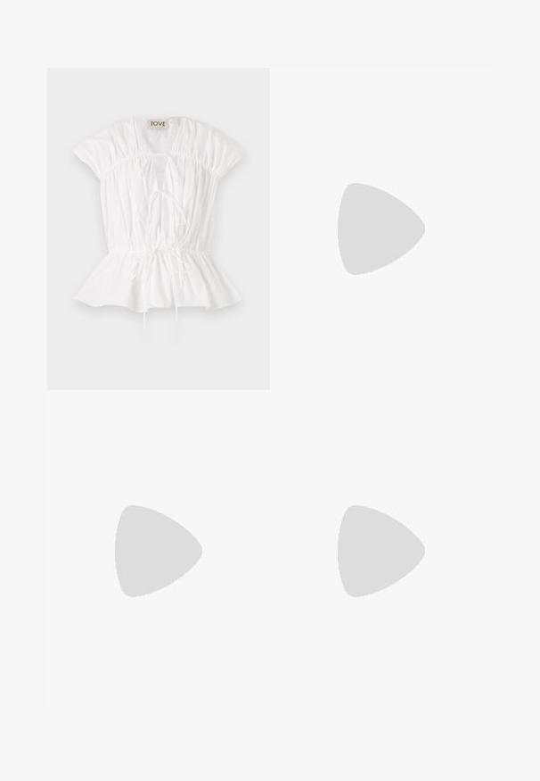 White cotton blouse with short puff sleeves, gathered detailing, and a tie front. Peplum hem adds a flared silhouette. Brand label visible.; White maxi skirt made of lightweight fabric, featuring a gathered elastic waistband and a flowing silhouette with no visible patterns.; CLOSED Ballet pumps - ecru; Cat-eye sunglasses with dark lenses and a tortoiseshell pattern. Made from lightweight plastic, featuring slender temples and logo detail.; Woven fabric handbag in olive green with a spacious, rounded shape and a single, elongated handle for carrying. Textured surface.