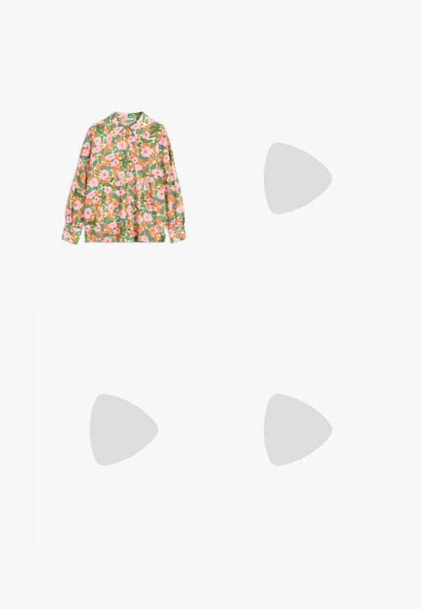 Floral button-up shirt in pink, orange, and green hues; features a collar, long sleeves, and a lightweight textured fabric.; Brown wide-leg trousers made of a smooth fabric, featuring a high waist, front pleats, and two side pockets.; Brown leather slide sandal with a flat sole, featuring a wide strap and white geometric accents for minimalistic design.; Mango Handbag - brown