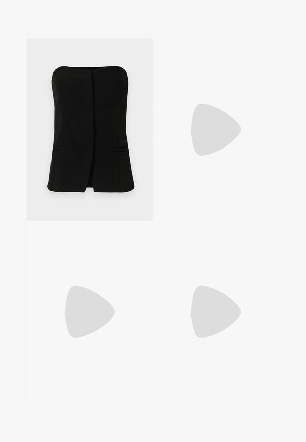 Fekete, ujjatlan top egyenes nyakkivágással, elülső gombolóval és két rejtett oldalsó zsebbel. Simább anyag, testre szabott dizájnnal.; Weekday NOVA LOW RISE SLIM BOOTCUT - Bootcut farmer - lip blue; Fekete, hegyes orrú cipő, hálós panel tervezéssel, alacsony sarokkal és fűzős elülső résszel. Bőrből és hálós anyagból készült.; Fekete műbőr kézi táska krokodil bőr textúrával, összehúzható tetejű és gyűrt pánttal. Lágy és kompakt dizájnúnak tűnik.