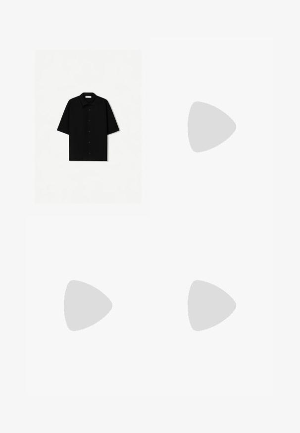 Bershka Shirt - black; Urban Classics WIDE FIT - Chinos - black; Emporio Armani ICON - Trainers - white; Metal-framed sunglasses with oval green lenses. Thin silver metal frame and black ear tips. Minimalist design, no visible logos.