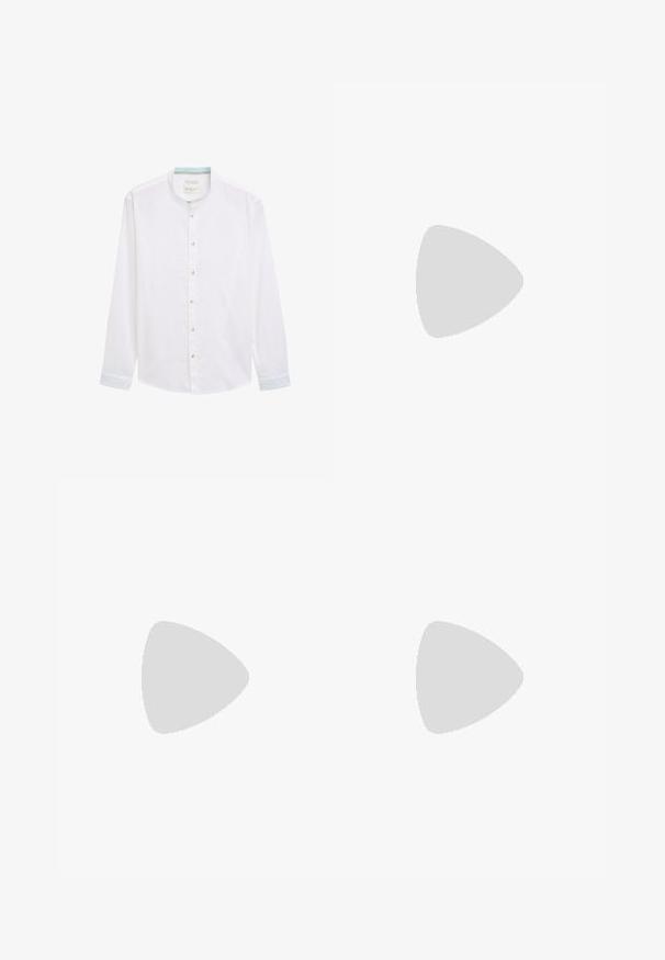 Hvid langærmet skjorte med en bandkrave, der har en lyseblå accent på indersiden af kraven og knaplukninger ned ad fronten.; Beige, casual bukser lavet af et blødt stof; har en elastisk talje, forlommer og en lige benstruktur.; Sorte læder snørebåndssko med en afrundet tå, glat overflade og ribbet gummisål. Har en lille hæl og en løkke bagpå.; Brun læder laptop taske med en tekstureret overflade, dobbelte top hanke, justerbar rem og to front spænder for ekstra detaljer.