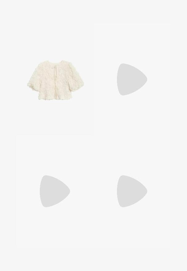 Vit blommönstrad cropped jacka med puffärmar, med rund halsringning och knytning bak. Mjuk och tredimensionell design.; Vit dekorativ pläd med en texturerad design, med upphöjda tygrosor och en mjuk, fluffig känsla.; Bruna skidsandaler med ett mjukt, slätt övermaterial, öppen tå och en smal, hög klack. Har en minimalistisk design och en slank silhuett.; Svarta solglasögon med gradientmörka linser, oval form, blanka yta, med en framträdande logotyp på sidan och silverdetaljer.; Vävd brun läderhandväska med ett runt handtag på toppen och en öppen silhuett, med en texturerad yta och en snygg, minimalistisk design.