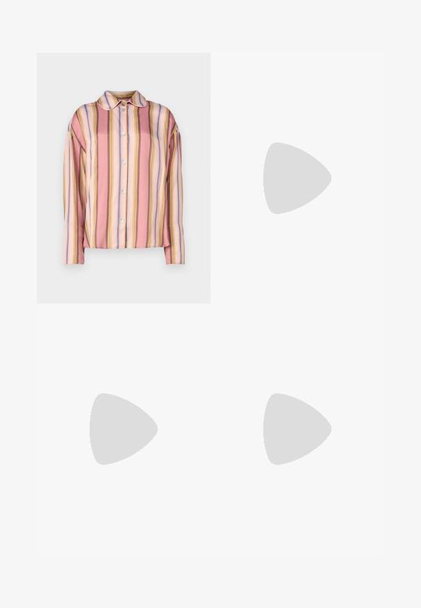 Button-up shirt in lightweight fabric with alternating vertical stripes in pink, peach, and blue. Features a collar and long sleeves.; Light pink dress with a buttoned front, mandarin collar, sleeveless design, and a tied waist belt. Features a flared hem. Smooth texture.; Black leather ballet flat with a rounded toe, smooth texture, minimal stitching detail, and a flexible sole design.; Black leather handbag with a curved shape, featuring a decorative design on the front, a short strap, and gold-tone hardware accents.