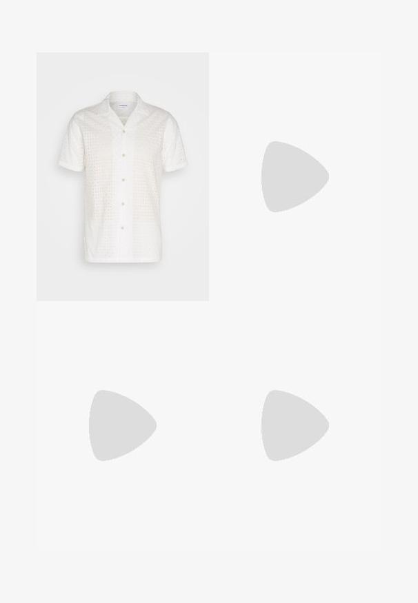 Short-sleeve white shirt with a textured pattern and eyelet holes, featuring a button-down front and a classic collar design.; Gray tailored trousers with a smooth texture, featuring a single button closure, front pockets, and a slim fit design.; Beige suede loafer with minimal stitching, a flat heel, and a leather sole. Features a single strap accent near the vamp. Flat silhouette.; Round sunglasses with a thin black metal frame, dark lenses, and adjustable nose pads. The arms feature a subtle brand detail.