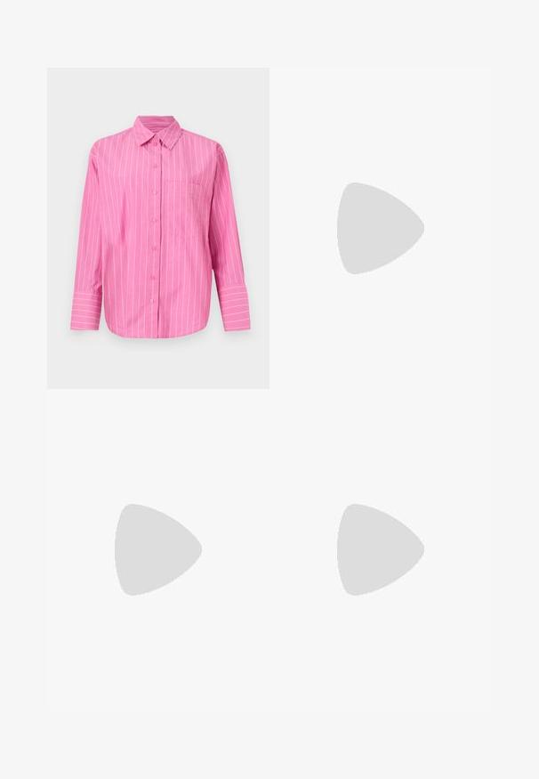 Gina Tricot POPLIN  - Užsagstoma palaidinė - pink; Pilkos spalvos klostuota sijonas su juosmeniu, kuris turi priekinį mygtukų uždarymą. Pagamintas iš tekstūruoto audinio, skirtas pritaikytam silueto efektui.; Balti sportiniai bateliai su tinklelio viršumi, šviesiai rudos detalės ir paminkštintu padu. Yra raištelių uždarymas ir tekstas šone.; Balta odinė rankinė per petį su auksiniu užsegimu, pasižyminti struktūrizuotu dizainu, kontrastingomis briaunomis ir plona reguliuojama dirželiu.