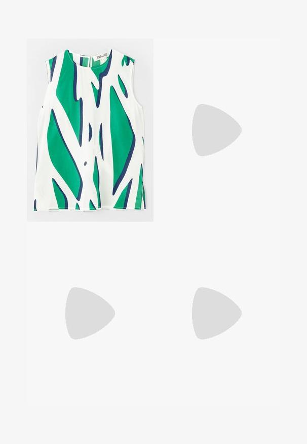 Bez piedurknēm, izgatavots no viegla auduma, ar drosmīgu zaļu un tumši zilu abstraktu rakstu uz baltas fona. Apaļš kakla izgriezums ar caurumiņu aizmugurē.; Melnas pusgarās mēteles ar garām piedurknēm, apvilktu dizainu un atbilstošu jostu. Izgatavota no gludas auduma, ar sagrieztu apkakli un sānu kabatām.; Melna ādas baleta kurpe ar noapaļotu purngalu, gludu tekstūru, minimālu šuvju detalizāciju un elastīgu zoles dizainu.; Bordo ādas rokas soma ar atloku, zeltītām detaļām, plecu siksnu un gludu virsmu. Kompakta, taisnstūrveida forma.