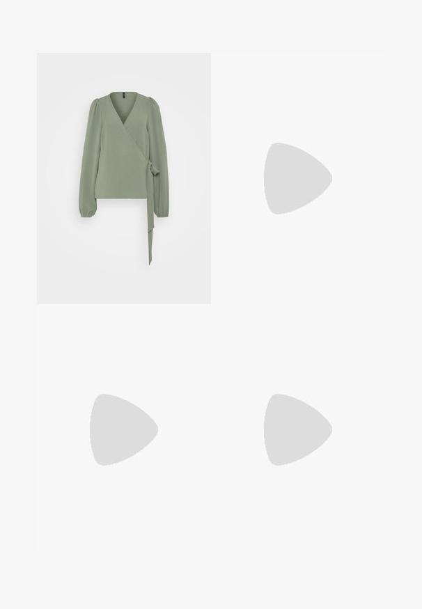 Wrap top in muted green, made of textured fabric. Features a deep V-neck, long puff sleeves, and a tie detail at the waist.; Black wide-leg trousers made of a smooth fabric, featuring a front button closure, two side pockets, and deep pleats.; Black patent leather slingback heels with a pointed toe and a geometric block heel. Features a sleek, minimal design and smooth texture.; Black leather handbag with a curved shape, detachable strap, and gold hardware. The bag features a flap with a buckle detail.