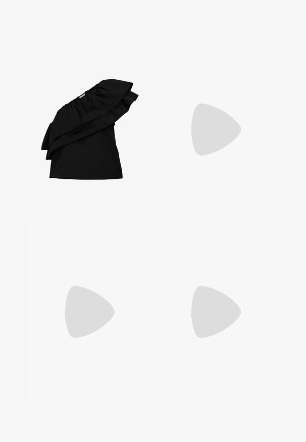 Object ONE-SHOULDER - Bluse - black; Hvide linnedbukser med snoreliv, lige ben og to forlommer. Stofstrukturen er let og let tekstureret.; Lys beige læder espadrille sandal med fire krydsende stropper og en ankelspænde, der har en vævet jutesål og flad gummisål.; Sort læder crossbody taske med en guldfarvet metalaccent og justerbar rem, der har en glat tekstur og buet form.