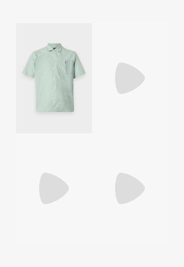 Īsām piedurknēm pogājama krekla gaiši zaļā šaha rakstā. Ar krūšu kabatu un izšūtu logo kreisajā pusē.; Melns īsām piedurknēm polo krekls ar teksturētu, abstraktu rakstu. Apkakle ir plakana un nedaudz atvērta, uzsverot brīvo dizainu.; Gaiši zili džinsu šorti ar klasisku piegriezumu. Iespējas piecas kabatas, oranžs vīlējums un neapstrādāti maliņas.; Melnas ādas loafers ar gludu apdari, noapaļotu purngalu un dekoratīvām šuvēm uz virsu. Zems, sakrauta papēža un neliels spīdums.