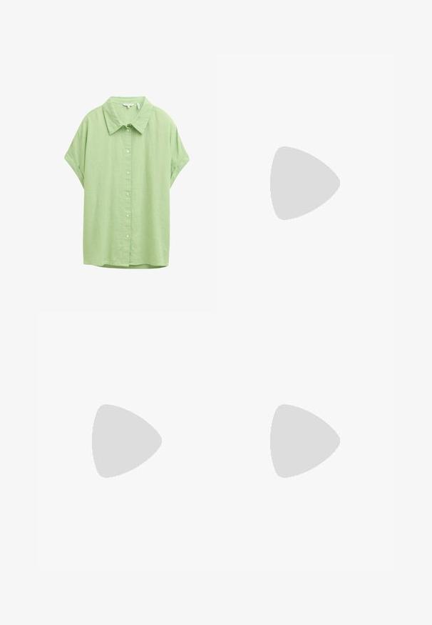 Short-sleeve, button-up shirt in light green fabric. Features a classic collar, a relaxed fit, and a smooth texture.; Brown wide-leg pants made of lightweight fabric. Features a flat front, belt loops, and a tailored silhouette with an ankle-length cut.; Pale pink slingback flats with a pointed toe, made from a smooth leather-like material. Features cut-out details at the sides and a flat heel.; White structured handbag with short handles and a shoulder strap, featuring gold hardware accents and textured material, displayed against a grey background.