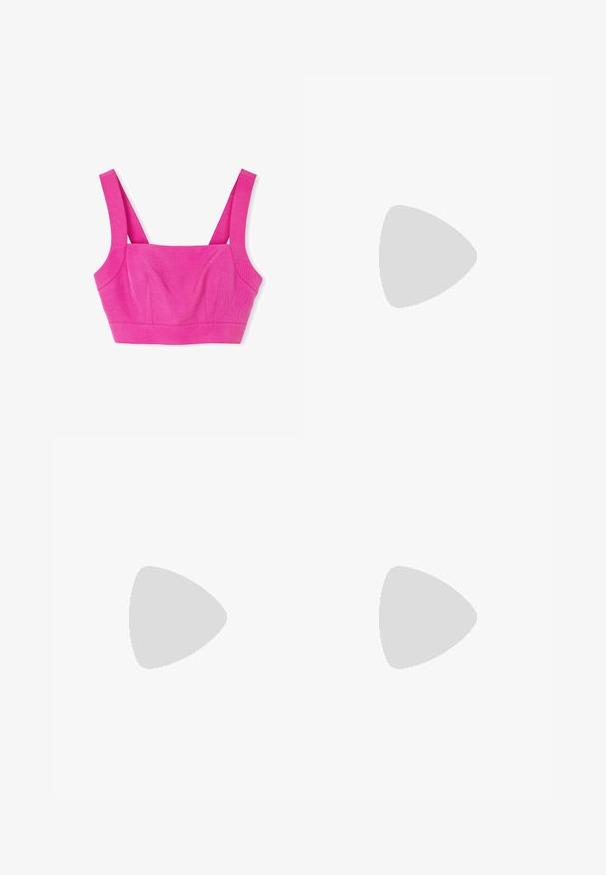 Pink cropped bralette featuring wide straps and a textured finish, with a fitted bodice and subtle seam detailing for shape.; A light blue, knee-length A-line skirt made from linen, featuring pleats and a smooth texture with no patterns or embellishments.; Yellow patent leather high-heeled sandals with two front straps and an ankle strap featuring a buckle. Slim, pointed heel design.; Yellow, woven handbag with a square design, featuring a smooth texture, decorative knotted strap, and gold-tone hardware.