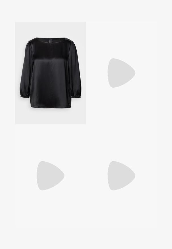 Zwarte satijnen blouse met vierkante halslijn, lange pofmouwen met elastische manchetten en een rechte zoom. Gladde textuur met een chique, minimalistisch ontwerp.; Blauwe wikkeljurk met een V-hals en korte mouwen, met geplooide details bij de taille en een zijsplit. Gemaakt van gladde stof.; Bruine kunststof slangenhuid haksandalen met een teensliperontwerp en een vierkante neus. De hak is ongeveer 5 cm hoog, met een gladde afwerking.; Zilveren metalen oorbellen met ronde vormen, een gepolijste afwerking en subtiele graveringen van het merk "BOSS" op de onderste secties.