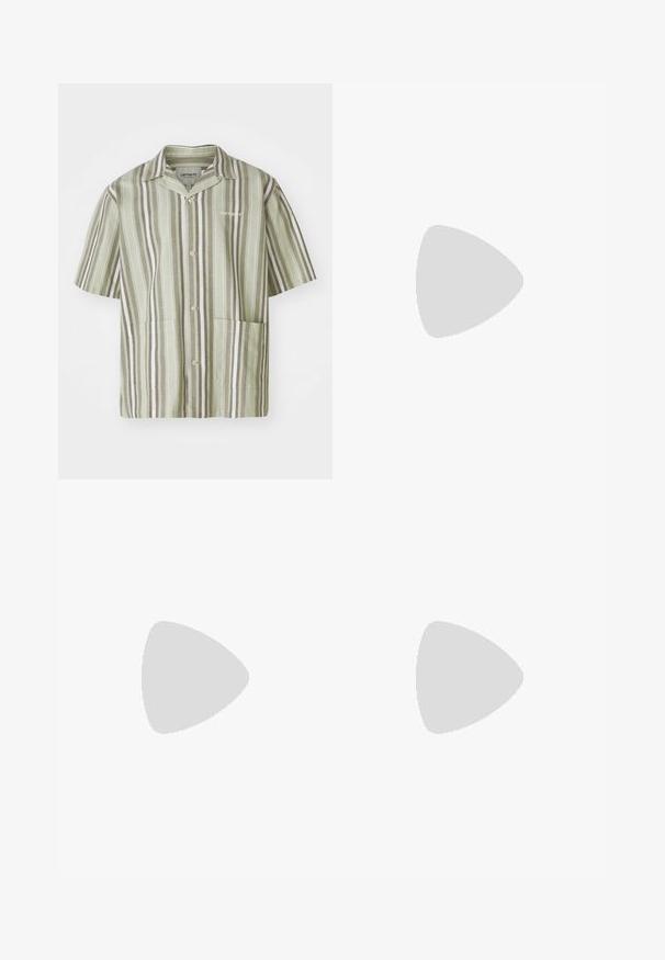 Chemise à manches courtes à boutons de couleur vert clair avec des rayures verticales vert foncé et blanches. Elle dispose de deux poches avant et d'un col à revers.; T-shirt en coton blanc à manches courtes, col rond et coupe décontractée. Texture lisse sans motifs ou accents visibles.; Urban Classics WIDE FIT - Chino - black; Baskets blanches avec un design perforé à trois rayures, des accents texturés, une semelle en caoutchouc et le logo "CAMPUS" en doré sur le côté.; Lunettes de soleil en métal avec des verres ovales verts. Monture en métal argenté mince et embouts d'oreille noirs. Design minimaliste, sans logos visibles.