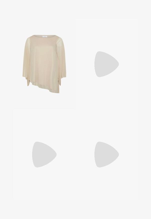 Beige blus med lång ärm, avslappnad passform, rund halsringning och en mjuk, genomskinlig textur. Har asymmetrisk fåll och minimalistisk design.; Höga svarta denimjeans med vida ben, femficksdesign och synlig sömnad. Tyget har en jämn, något texturerad yta.; Svarta lackläder slingback klackar med spetsig tå och geometrisk klack. Har en elegant, minimalistisk design och slät yta.; Svart läder hobo-väska med en slät textur, kurvig form och en justerbar axelrem; har en bred öppning upptill.