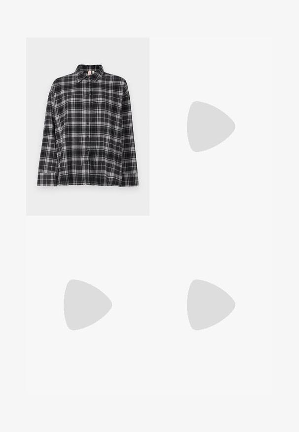 Black and gray plaid button-up shirt with a collar, long sleeves, and a relaxed fit. Fabric appears soft with a slight texture.; Black denim flared jeans with a high waist, featuring side seams and a clean finish at the hem. Fabric has a smooth texture with slight stretch.; Black patent heeled sandals with a square toe, ankle straps, and silver buckles. Features a chunky block heel for stability.; Black leather tote bag with smooth texture, rectangular shape, and two long handles. No visible hardware or embellishments.
