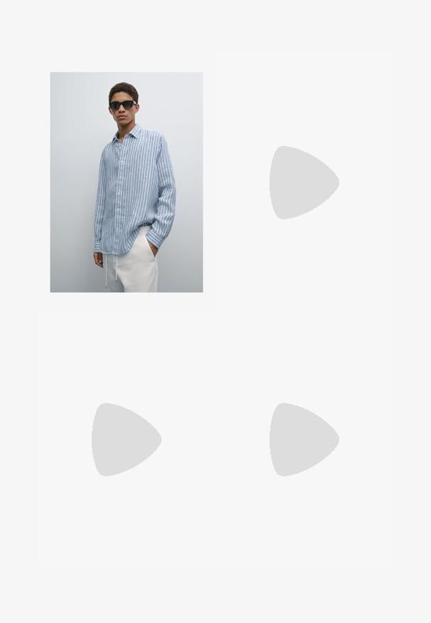 Light blue striped shirt in lightweight fabric, button-up design with a collar, long sleeves, worn with cream-colored pants. Black sunglasses.; Urban Classics LOOSE - Trousers - black; Black suede sneaker with white stripes, tan rubber sole, and gold "Gazelle" logo. Classic low-top design, featuring a textured upper.; Square sunglasses with a black frame and yellow lenses. Temples feature a green marbled pattern with white accents.