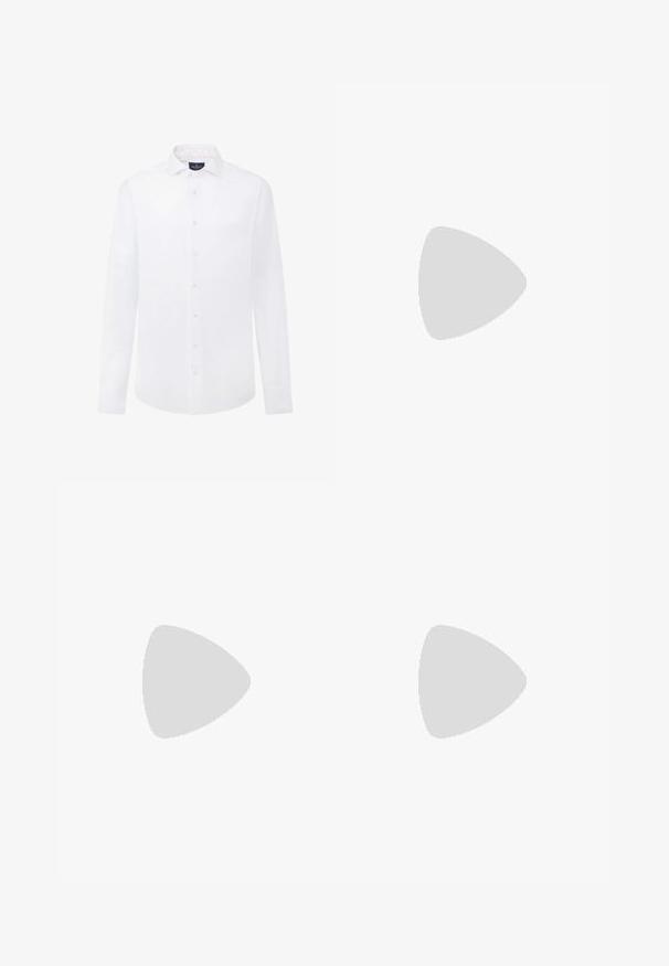 Biela košeľa s dlhým rukávom vyrobená z bavlny, s golierom na gombíky, prednými gombíkmi a jemným logom na hrudi. Hladká textúra.; Námornícke modré nohavice so slim fit strihom a prúžkovaným vzorom. Obsahujú zips, pútká na opasok a predné vrecká. Hladká textúra látky.; Biele šnurovacie tenisky sa vznášajú nad drevenou lavicou so zeleným porastom v pozadí, predvádzajúc design a textúru topánok.; Čierne a strieborné slnečné okuliare v tvare mačacích očí so stupňovými šošovkami a kovovými akcentmi na ráme. Plastové nožičky s šedými koncami.