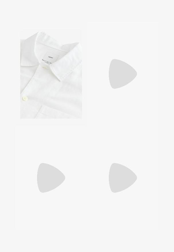 White linen shirt featuring a pointed collar, a single button closure, and a chest pocket. Label reads "NEXT," size M. Soft texture.; Linen trousers in light beige, featuring an elastic waistband with a drawstring, wide-leg design, and side pockets. Smooth texture.; Lightweight running shoes in white with mesh panels, pale pink accents, and a textured sole. Reflective details on the upper design.; Black plastic sunglasses with green lenses, square frames, silver accent on the brow, and textured temple arms. Stated brand on inner arm.