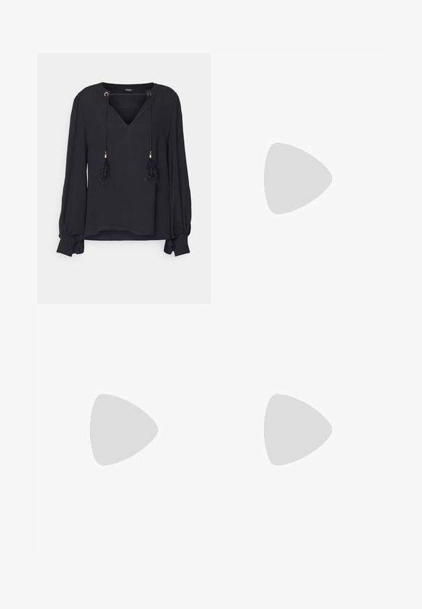 Black long-sleeve blouse with a V-neck, drawstring tie featuring tassels, puff sleeves, and gold hardware accents. Smooth texture.; Black wide-leg pants featuring a textured fabric, an elastic waistband, and a detachable sash tie at the waist for adjustable fit.; Black leather loafers with a flat heel, featuring a decorative gold hardware detail on the front and a smooth texture.; Black handbag with structured shape, smooth texture, and a metallic clasp. Paired with wide black pants and open-toe sandals on wooden floor.