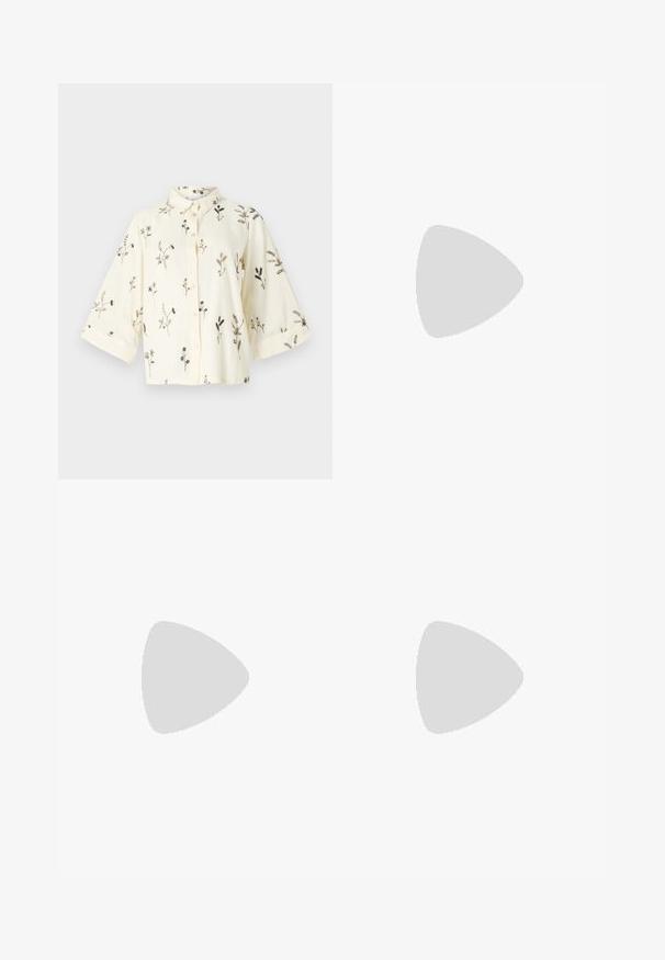 Blusa de cor creme com mangas curtas e largas, apresentando bordados florais intrincados em preto e castanho, fechamento frontal com botões e gola.; Jeans de ganga de perna larga em azul escuro. Apresenta um design clássico de cinco bolsos, fecho de botão e costuras contrastantes. Textura suave.; Sandal com biqueira afilada em couro preto, com cinta no tornozelo e salto grosso. Textura lisa, design elegante e estética minimalista.; Bolsa tote preta em couro com textura lisa, forma retangular e duas alças longas. Sem hardware ou enfeites visíveis.