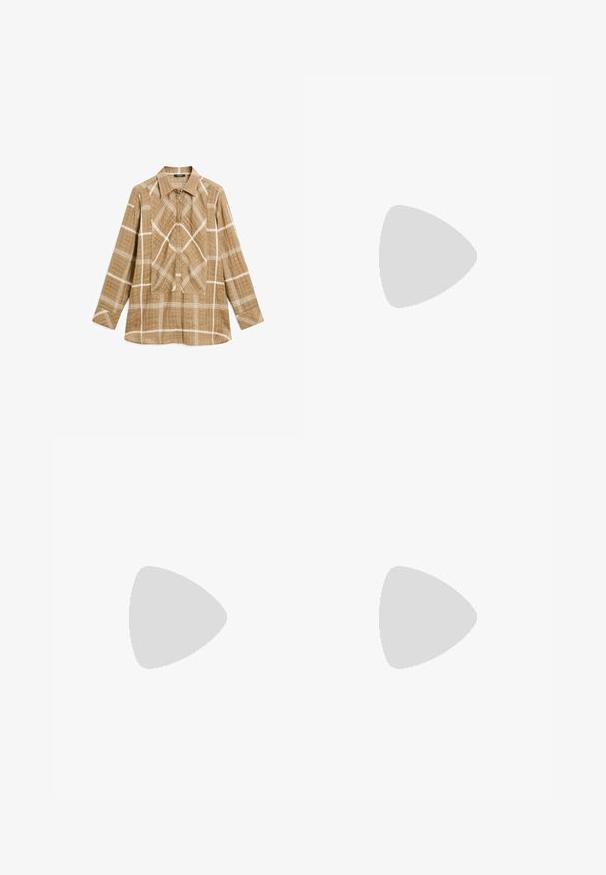 Tan geruite overhemd met lange mouwen in een lichte stof met wit ruitpatroon. Bevat een puntige kraag en centrale plooi details.; Maxi-rok in donkerbruin, gemaakt van structuurstof met een elastische tailleband. Brede, flowy silhouet zonder zichtbare patronen of accenten.; Suède cross-strap slide sandaal in lichtbruin met een kurkgewikkelde zool en een getextureerde rubberen onderkant, met een vlak ontwerp en brede pasvorm.; Bruine neplederen emmerhandtas met een gestructureerde vorm, gouden hardware, een handvat aan de bovenkant en een verstelbare schouderriem. Gladde textuur zonder zichtbare patronen.