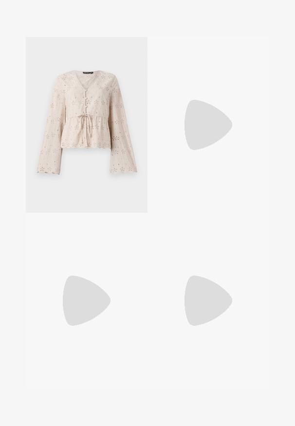 Light beige embroidered blouse with a V-neck, long bell sleeves, tie waist, and scalloped hem, featuring embroidered floral patterns throughout.; Blue denim jeans with a straight leg design, featuring slight fading, a classic five-pocket layout, and visible stitching details.; Black leather pointy-toe pump with an ankle strap and a chunky heel. Flat texture, sleek design, and minimalistic aesthetics.; Denim shoulder bag with a pleated design, blue color, silver stud accents along the edges, and a textured strap.