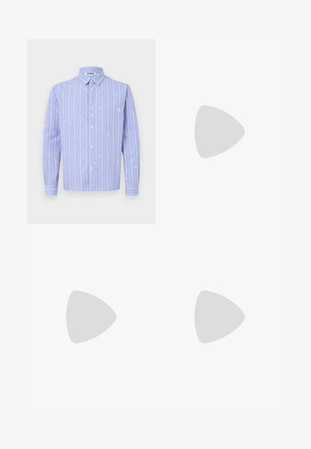 Light blue button-up shirt with white vertical stripes and paint splatter detailing. Features a collar and long sleeves.; Black sweatpants made from soft material, featuring an elastic waistband with adjustable drawstring, and tapered cuffs at the ankles.; White athletic shoes with textured overlays, a chunky sole, and gray accents. Worn with white crew socks and green shorts on a blue surface.; Sunglasses with a sleek, silver metal frame, gray tinted lenses, and an aerodynamic design featuring pointed edges and thin arms.