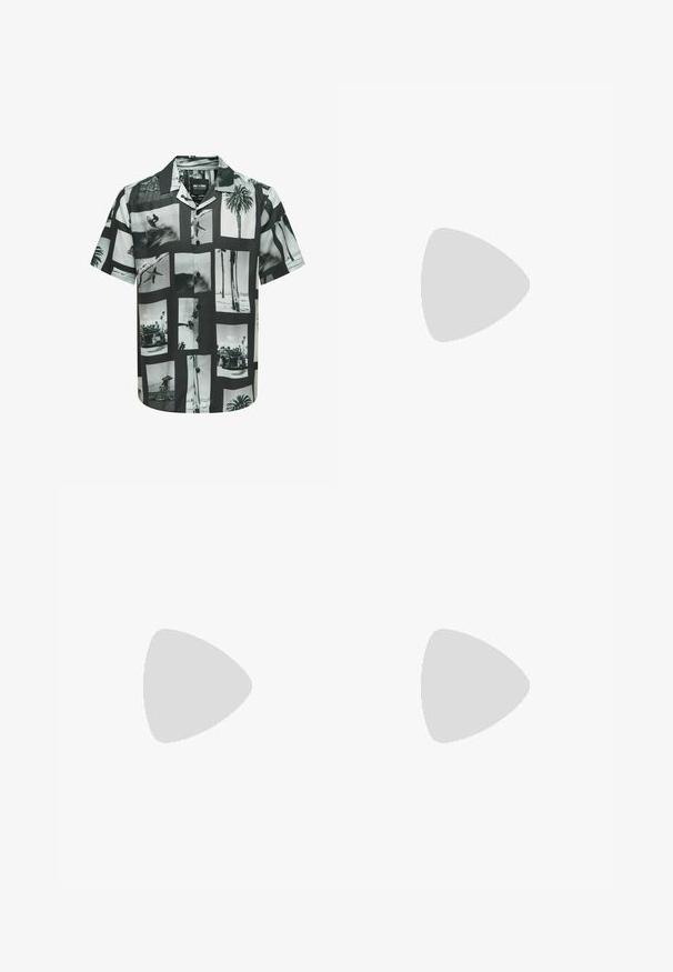 Camisa de manga corta con un estampado de collage fotográfico en blanco y negro. Incluye botones en la parte delantera y un cuello de tipo camp. Fabricada con un tejido ligero.; Pantalones cortos de mezclilla azul oscuro con dobladillos doblados, que presentan detalles desgastados con bordes deshilachados en la parte delantera. Diseño de cinco bolsillos con cierre de botón.; Zapatillas de cuero blanco con perforaciones, punta redonda, suela plana y cordones gruesos, con un logo de swoosh visible y "AIR" en el talón.; Reloj de pulsera de acero inoxidable plateado con una esfera azul marina, marcadores horarios metálicos y una ventana de fecha a las 3 en punto. Resistente al agua hasta 50 metros.