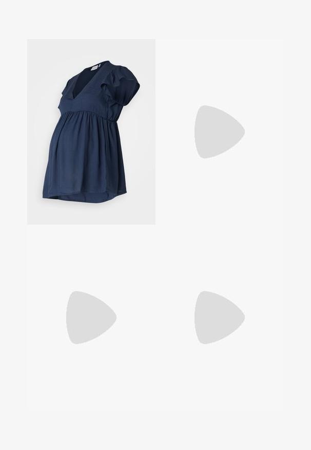 Tumesinine rasedustopp lühikeste volangpõlvedega, V-kaelus ning kogutud impeeriumi talje mugavuse ja stiili jaoks. Sile ja kerge kangas.; Mustus raseduspüksid, millel on veniv vöökohus mugavuse tagamiseks, küljetaskud, sirged sääred ja pehme kangastekstuuri.; Must musta narmand, läikiva materjali ja ruudukujulise varbaga ning kitseneva kontsaga, paigutatud läikiva hõbedaselt tuftitud tausta ette.; Hõbedast rõngaskõrvarõngad sileda ja läikiva pinnaga, kõveriku kujuga ning postitaksega sulgur. Minimalistlik disain kaasaegse viimistlusega.